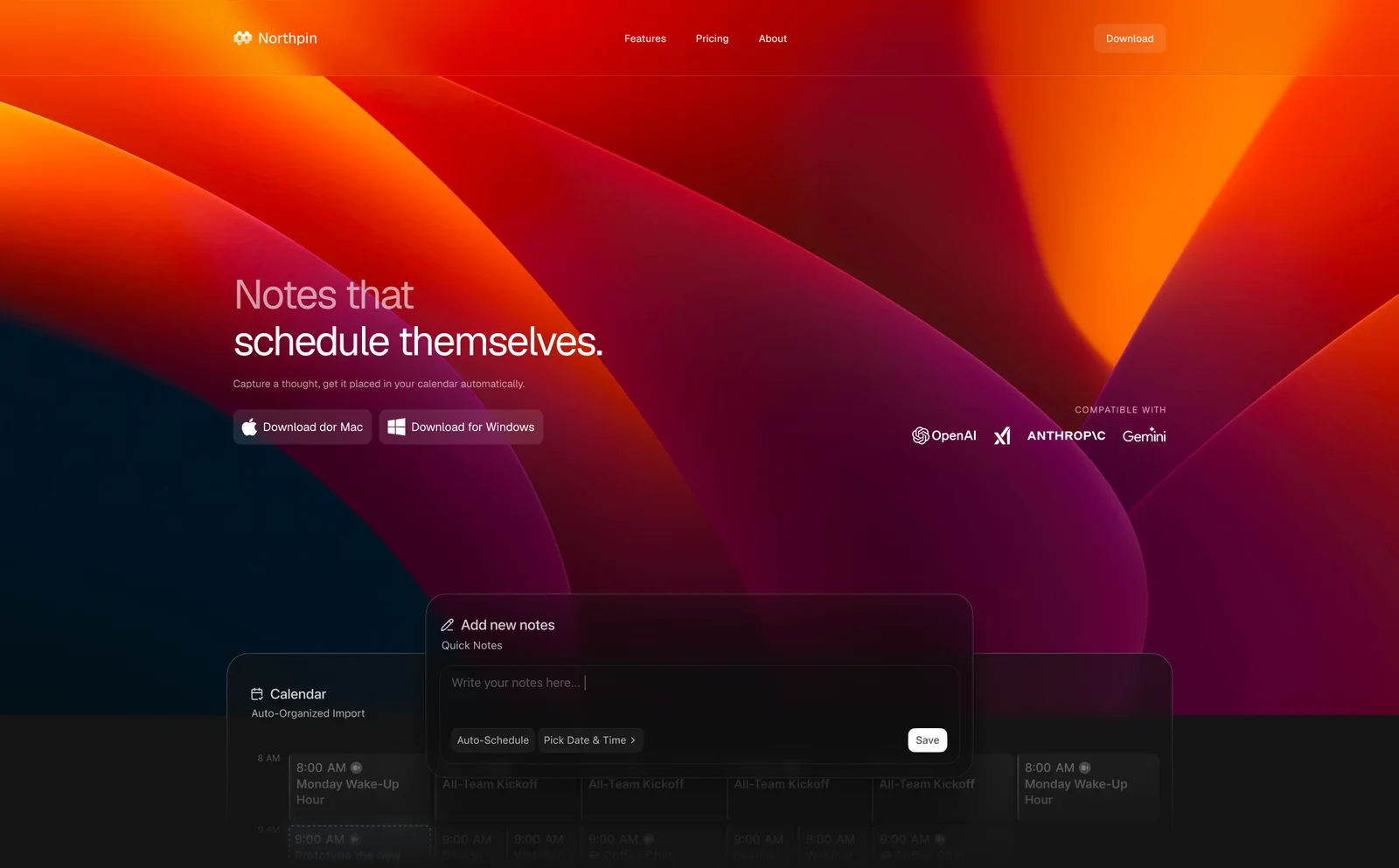 Northpin landing page in a red and orange gradient, headline "Notes that schedule themselves" with macOS and Windows download buttons and a calendar interface below