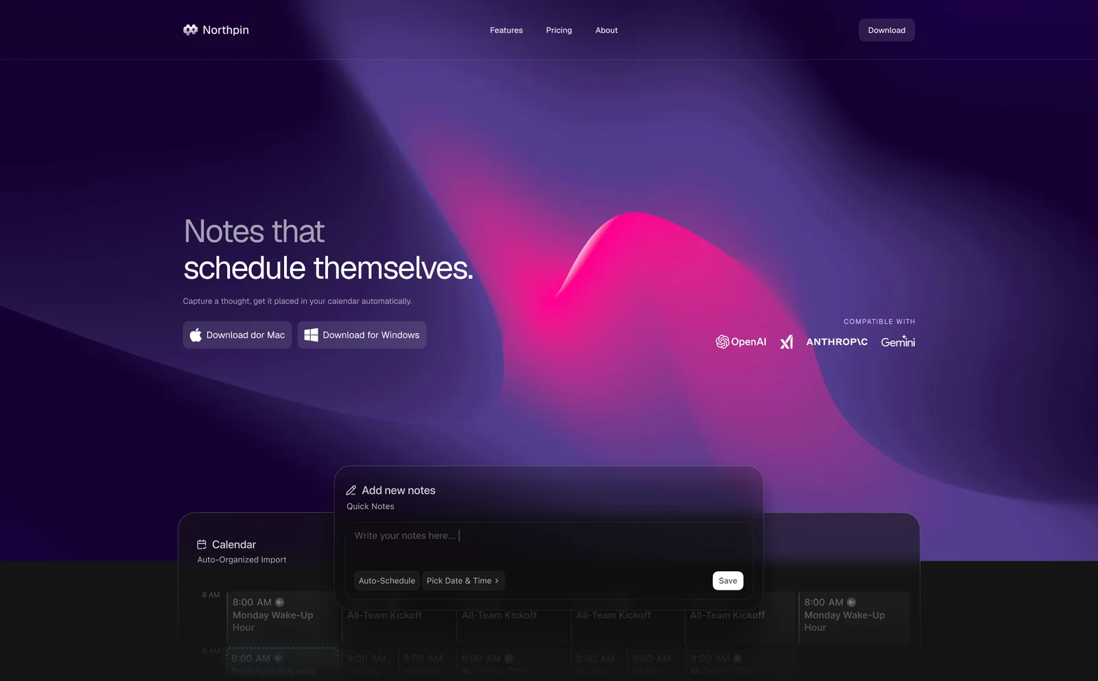 The same Northpin landing page in a purple and pink gradient variant, headline "Notes that schedule themselves" over a dark calendar interface