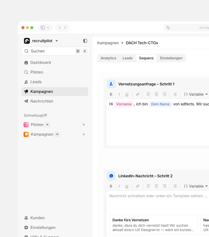 recruitpilot campaign editor on the Sequenz tab: a LinkedIn connection request and a follow-up message, each with variables for the first name and the sender