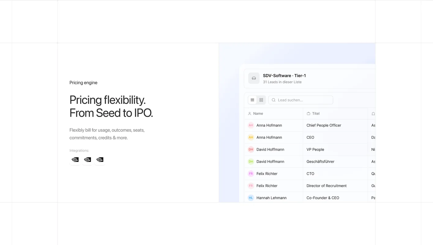Pricing engine section reading Pricing flexibility. From Seed to IPO. next to a lead list of names, titles and companies